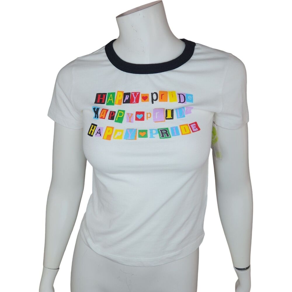 BP. Womens XXS Happy Pride White Graphic Tee‎ Short Sleeve Casual NWT